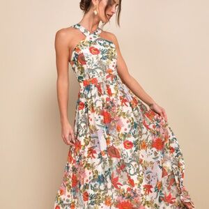 Lulus Lilja Cream Floral Print Maxi Dress Beige - Size M